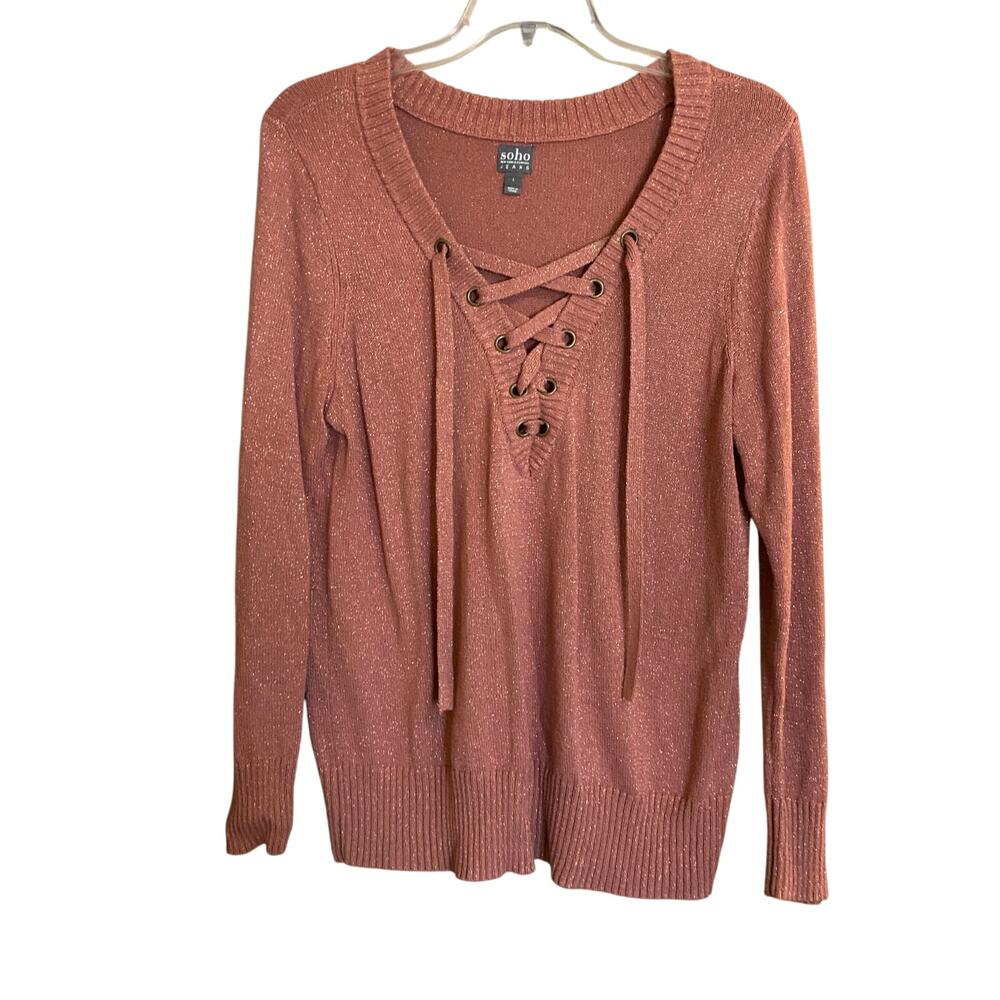 New York & Company Womens Large Pink Gold Metallic Lace Up Knit Sweater